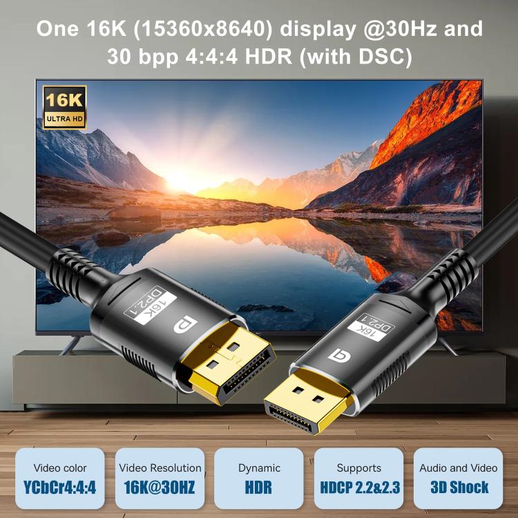 WG231 16K 60Hz DisplayPort 2.1 Male to DisplayPort 2.1 Male HD Adapter Cable, Length:1m - Black