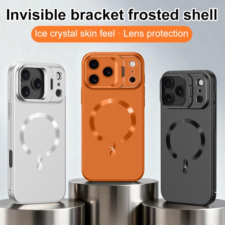 For iPhone 17 Pro Ice Crystal Solid Color U-Shaped Magnetic Invisible Lens Holder Frosted Phone Case