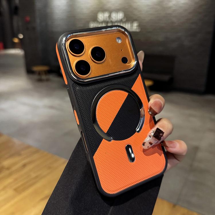 For iPhone 17 Pro Color Blocking Leather Texture Shockproof Magnetic Phone Case
