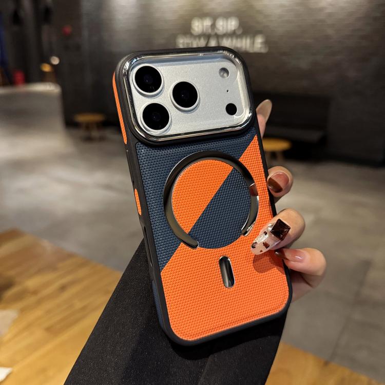 For iPhone 17 Pro Color Blocking Leather Texture Shockproof Magnetic Phone Case