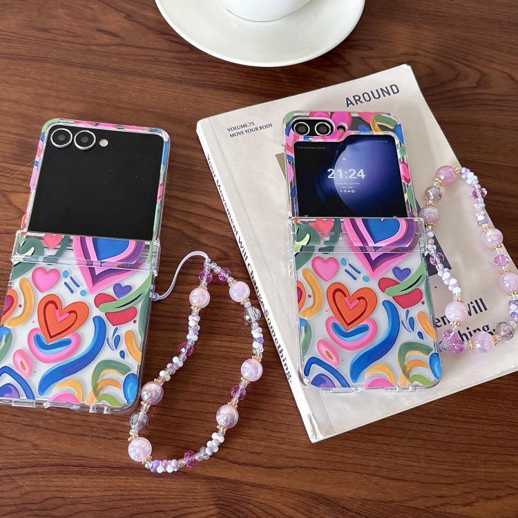 For Samsung Galaxy Z Flip6/5 Rainbow Heartbeat Pattern Phone Case with Bracelet