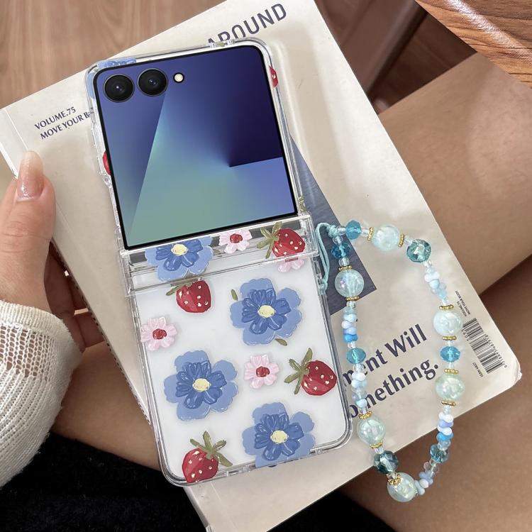 For Samsung Galaxy Z Flip7 5G Blue Flower Berry Pattern Shockproof Phone Case with Bracelet