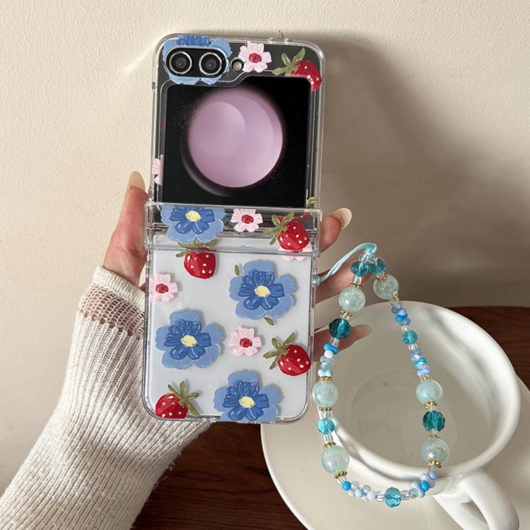 For Samsung Galaxy Z Flip6/5 Blue Flower Berry Pattern Shockproof Phone Case with Bracelet