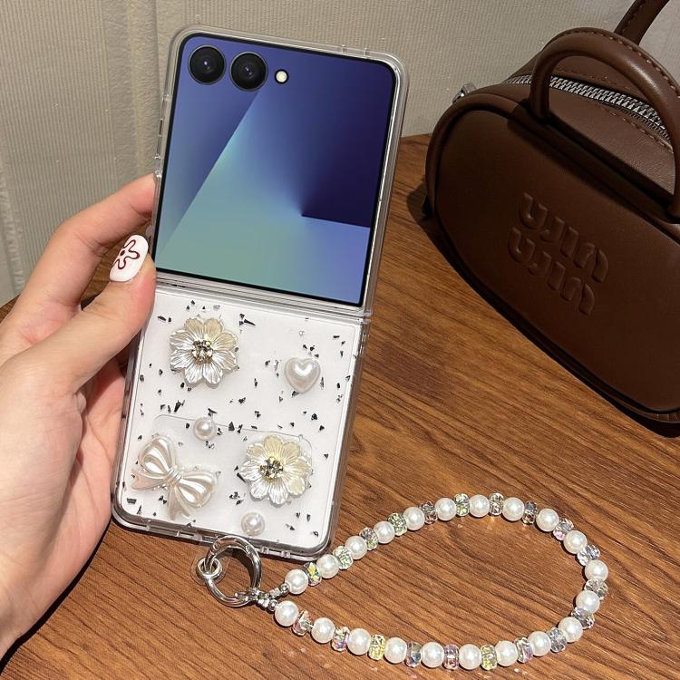 For Samsung Galaxy Z Flip7 5G Pearl Flower Butterfly Disc Knot Design Phone Case with Bracelet