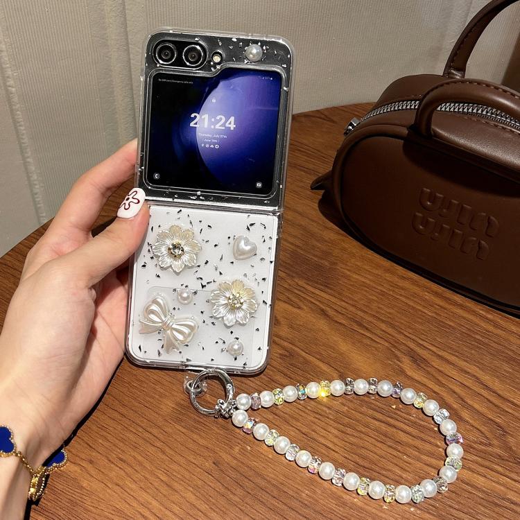 For Samsung Galaxy Z Flip6/5 Pearl Flower Butterfly Disc Knot Design Phone Case with Bracelet