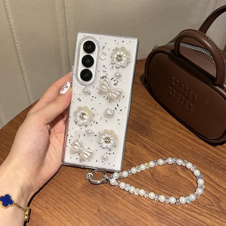 For Samsung Galaxy Z Fold5 Pearl Flower Butterfly Disc Knot Design Phone Case with Bracelet
