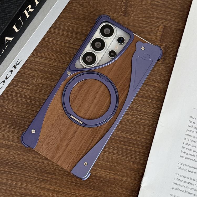 For Samsung Galaxy S26 Ultra 5G Walnut Metal Frameless 360 Degree Rotation Holder MagSafe Phone Case