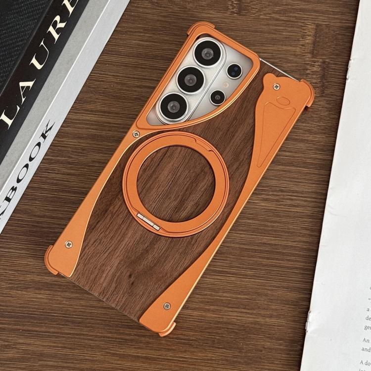 For Samsung Galaxy S26 Ultra 5G Walnut Metal Frameless 360 Degree Rotation Holder MagSafe Phone Case