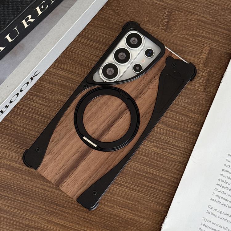 For Samsung Galaxy S24 Ultra 5G Walnut Metal Frameless 360 Degree Rotation Holder MagSafe Phone Case