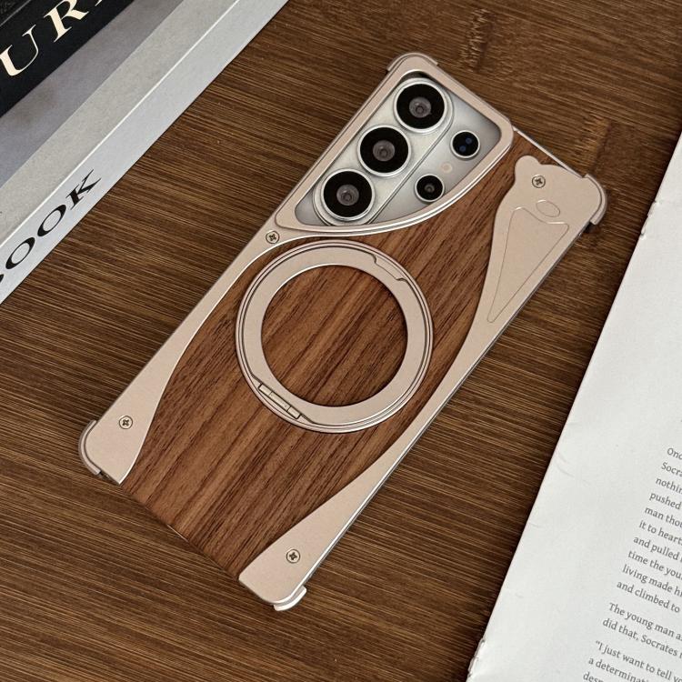 For Samsung Galaxy S24 Ultra 5G Walnut Metal Frameless 360 Degree Rotation Holder MagSafe Phone Case