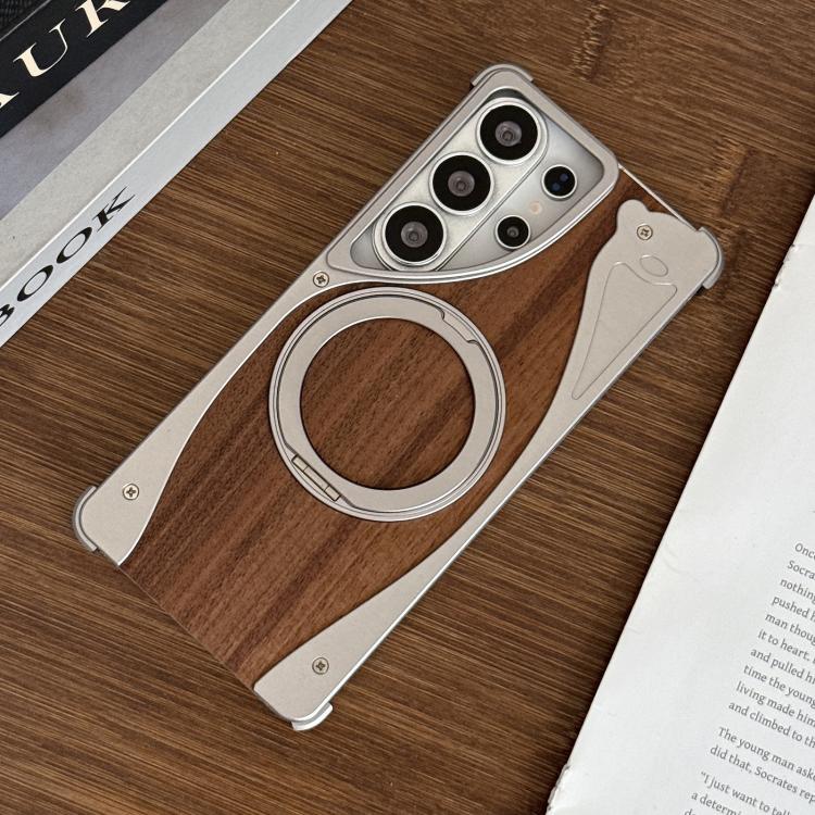 For Samsung Galaxy S24 Ultra 5G Walnut Metal Frameless 360 Degree Rotation Holder MagSafe Phone Case