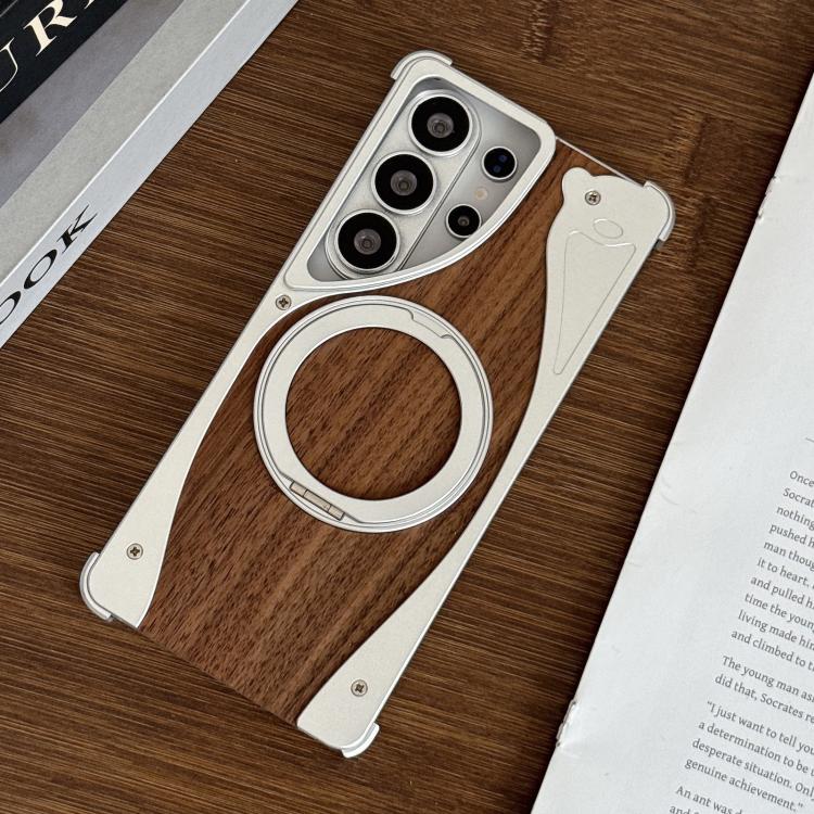 For Samsung Galaxy S23 Ultra 5G Walnut Metal Frameless 360 Degree Rotation Holder MagSafe Phone Case