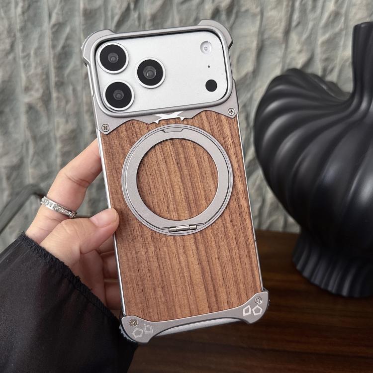 For iPhone 17 Pro Max Leopard Walnut Wood Metal Frameless 360 Rotation Holder Magnetic Phone Case