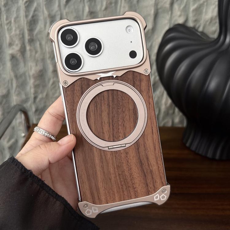 For iPhone 17 Pro Max Leopard Walnut Wood Metal Frameless 360 Rotation Holder Magnetic Phone Case
