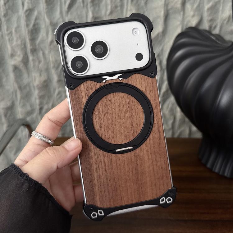 For iPhone 17 Pro Leopard Walnut Wood Metal Frameless 360 Rotation Holder Magnetic Phone Case
