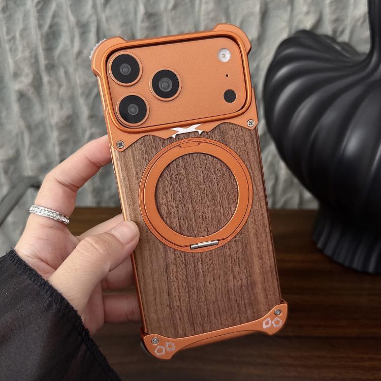 For iPhone 17 Pro Leopard Walnut Wood Metal Frameless 360 Rotation Holder Magnetic Phone Case