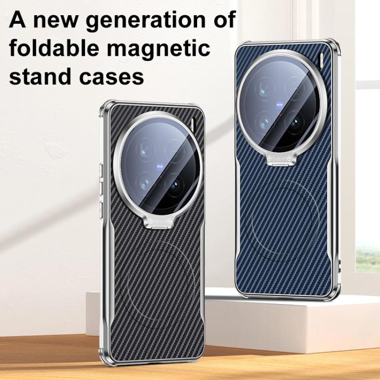 For vivo X100 Ultra Carbon Fiber Textured Electroplated Lens Holder Magnetic Phone Case