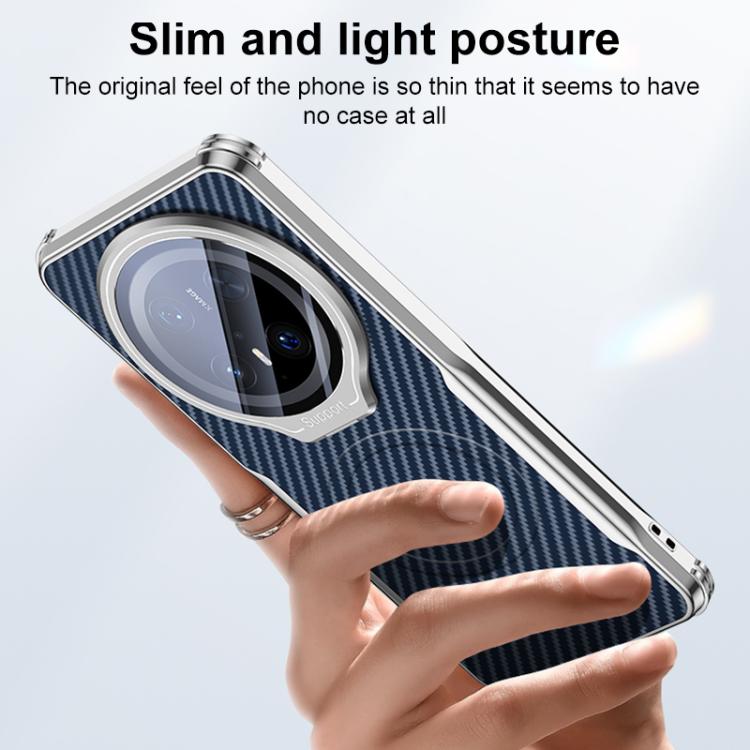 For Huawei Mate 60 Carbon Fiber Textured Electroplated Lens Holder Magnetic Phone Case