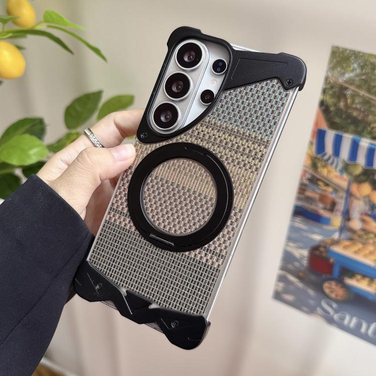 For Samsung Galaxy S23 Ultra 5G Eagle Metal Frameless Woven Fabric PC Magnetic Holder Phone Case