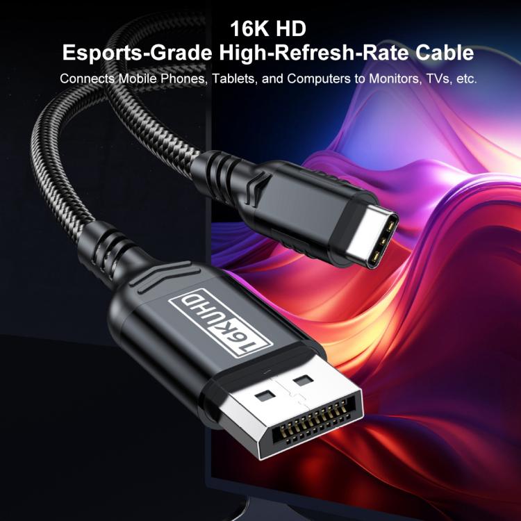 WG226 16K Ultra HD Type-C to DP 2.1 Display Cable Thunderbolt Adapter Cable with Logo, Length:1.5m - Black