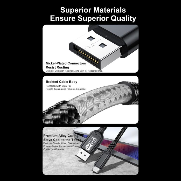 WG226 16K Ultra HD Type-C to DP 2.1 Display Cable Thunderbolt Adapter Cable with Logo, Length:1.8m - Black
