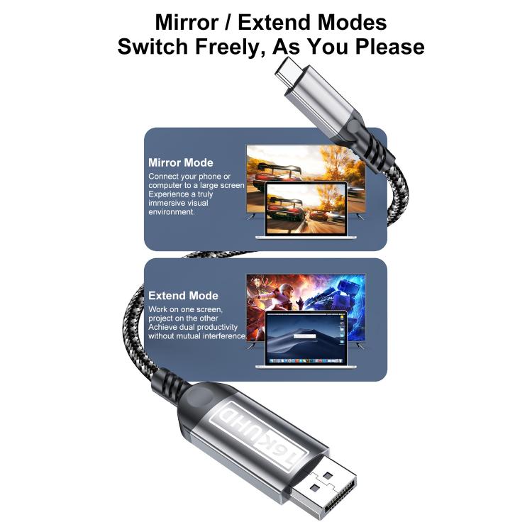 WG228 16K Ultra HD Type-C to DP 2.1 Display Cable Monitor Adapter Cable, Length:2m - Grey