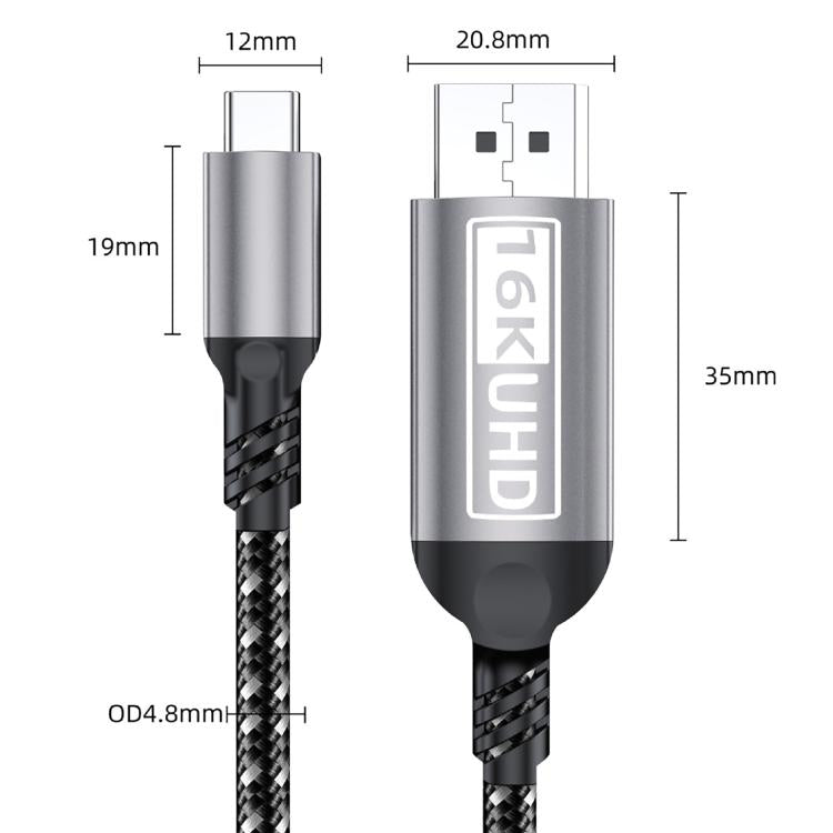 WG228 16K Ultra HD Type-C to DP 2.1 Display Cable Monitor Adapter Cable, Length:2m - Grey