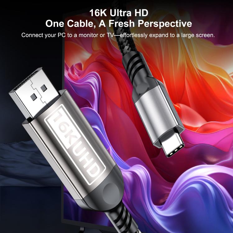 WG228 16K Ultra HD Type-C to DP 2.1 Display Cable Monitor Adapter Cable, Length:2m - Grey