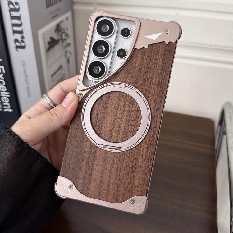For Samsung Galaxy S26 Ultra 5G Leopard Walnut Wood Metal Frameless 360 Rotation Holder Magnetic Phone Case