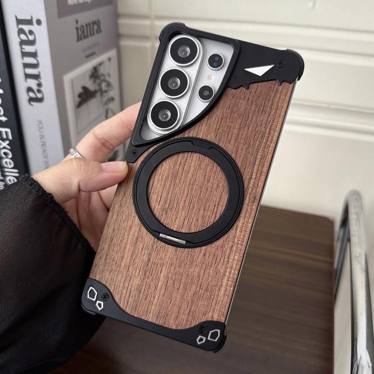 For Samsung Galaxy S23 Ultra 5G Leopard Walnut Wood Metal Frameless 360 Rotation Holder Magnetic Phone Case