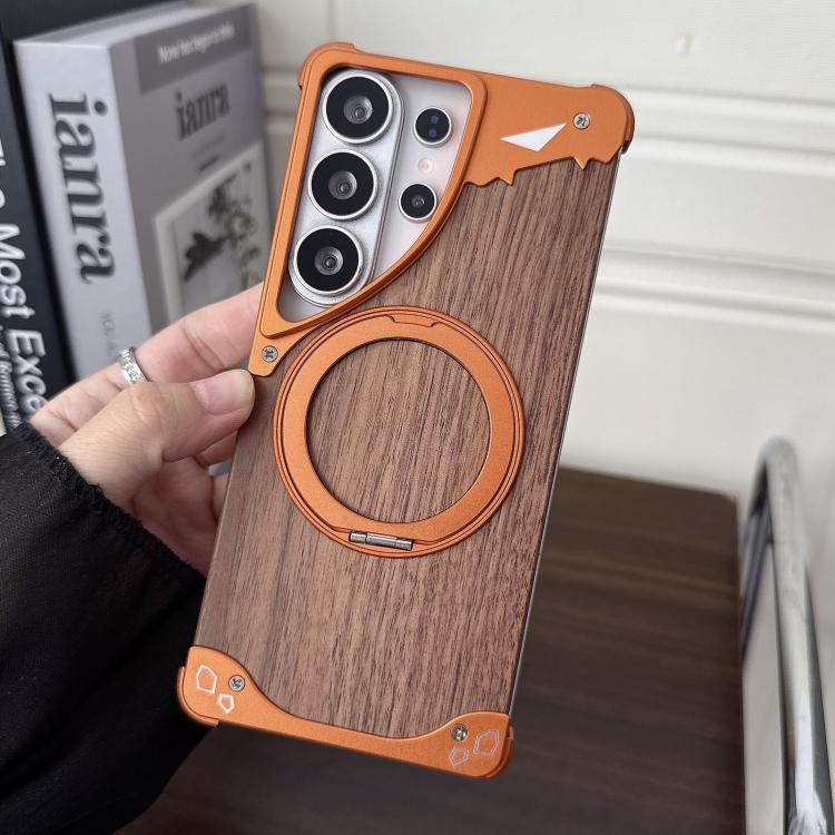 For Samsung Galaxy S23 Ultra 5G Leopard Walnut Wood Metal Frameless 360 Rotation Holder Magnetic Phone Case