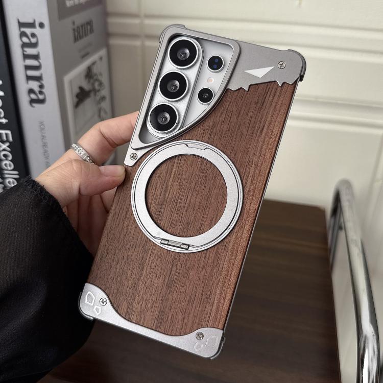 For Samsung Galaxy S23 Ultra 5G Leopard Walnut Wood Metal Frameless 360 Rotation Holder Magnetic Phone Case