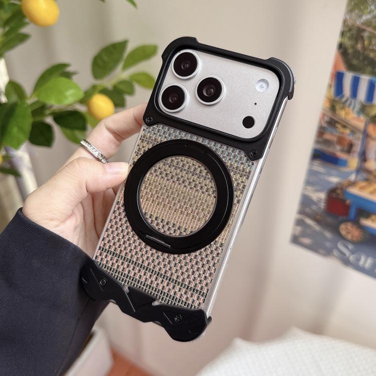 For iPhone 17 Pro Eagle Metal Frameless Woven Fabric PC Magnetic Holder Phone Case