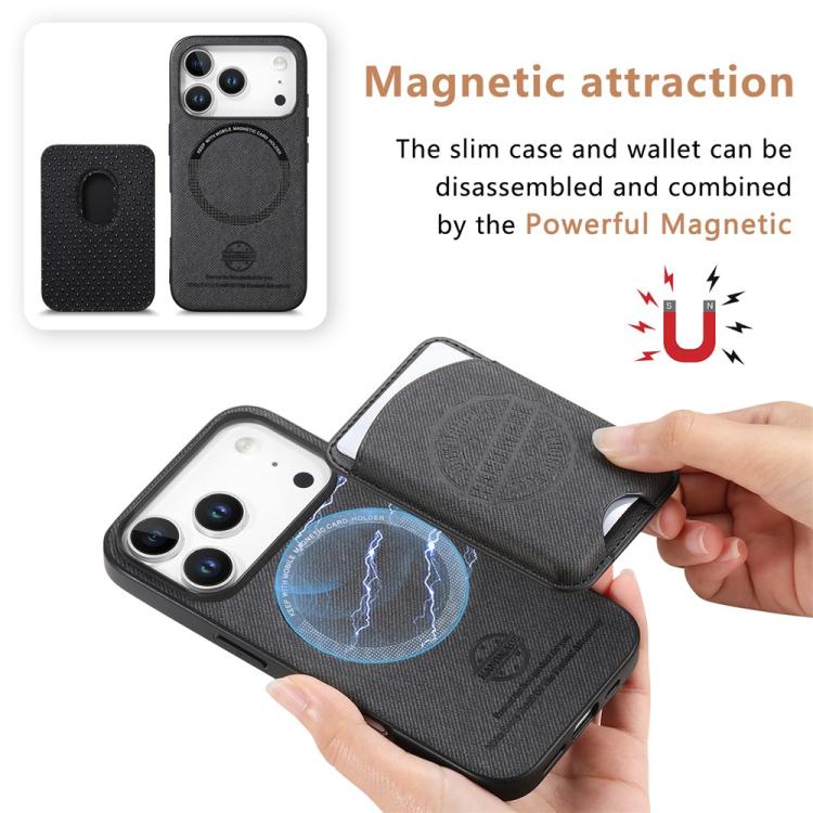 For iPhone 17 Twill Texture Vegan Leather Magnetic Phone Cover with Detachable Card Holder