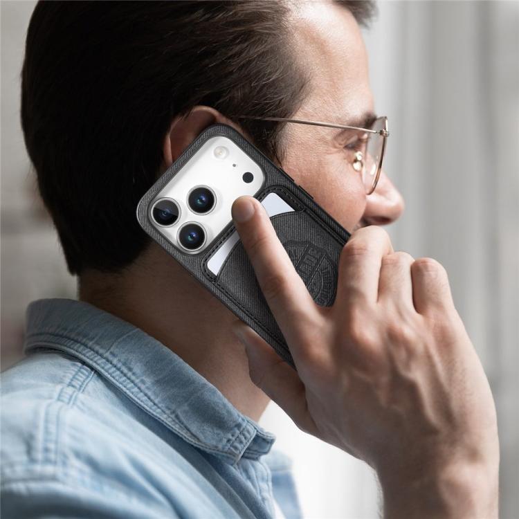 For iPhone 16 Plus Twill Texture Vegan Leather Magnetic Phone Cover with Detachable Card Holder