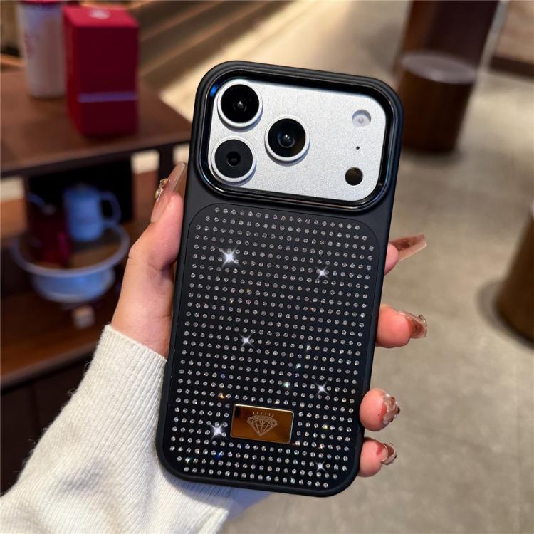 For iPhone 17 Pro Resin Rhinestones Metal Emblem TPU + PC Shockproof Phone Case