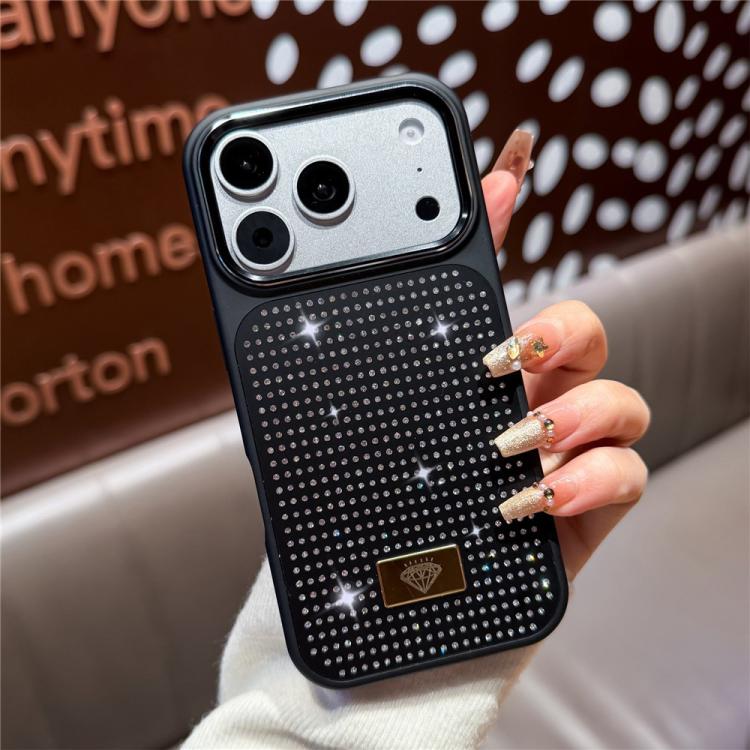 For iPhone 17 Pro Resin Rhinestones Metal Emblem TPU + PC Shockproof Phone Case