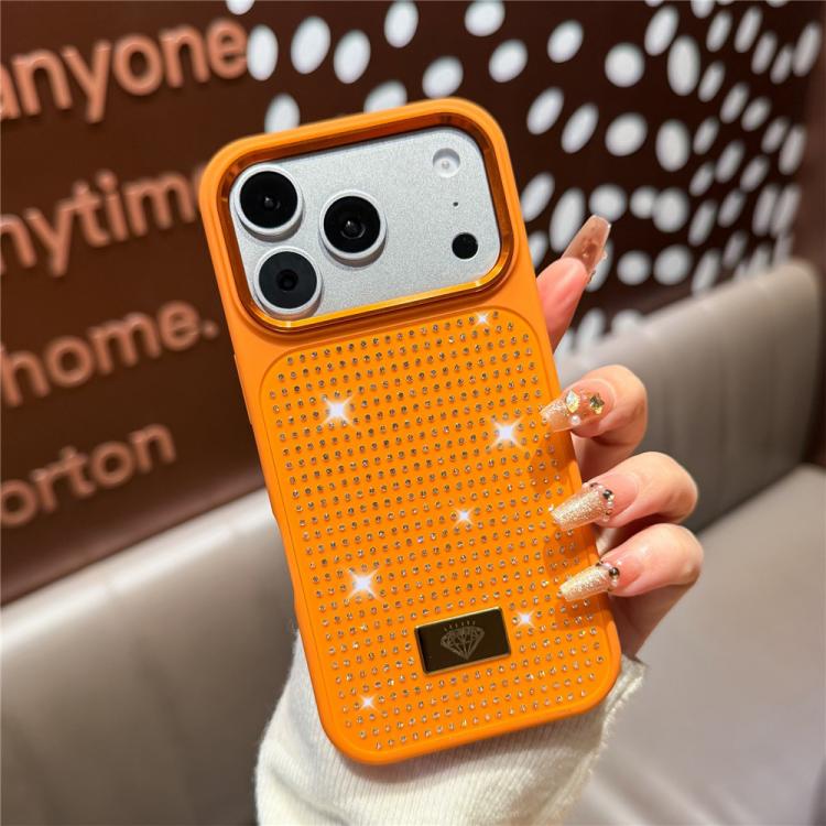 For iPhone 17 Pro Resin Rhinestones Metal Emblem TPU + PC Shockproof Phone Case