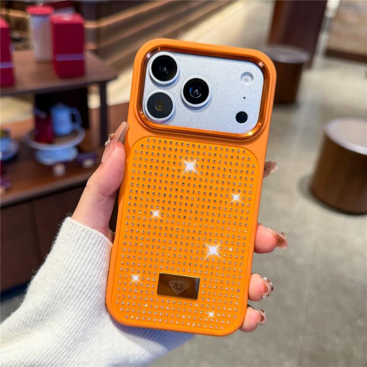 For iPhone 17 Pro Resin Rhinestones Metal Emblem TPU + PC Shockproof Phone Case