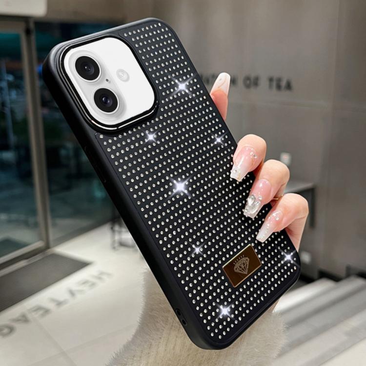 For iPhone 16 Resin Rhinestones Metal Emblem TPU + PC Shockproof Phone Case