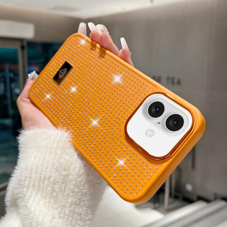 For iPhone 16 Resin Rhinestones Metal Emblem TPU + PC Shockproof Phone Case