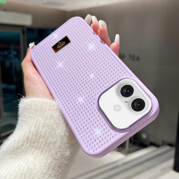 For iPhone 16 Resin Rhinestones Metal Emblem TPU + PC Shockproof Phone Case