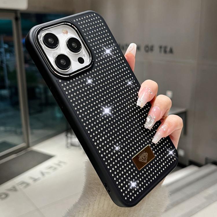 For iPhone 15 Pro Resin Rhinestones Metal Emblem TPU + PC Shockproof Phone Case