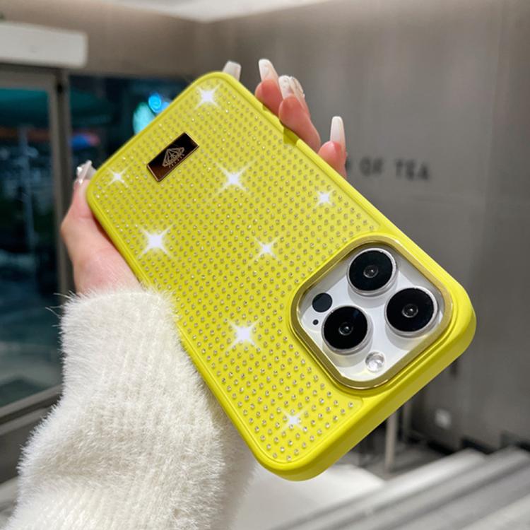 For iPhone 15 Pro Resin Rhinestones Metal Emblem TPU + PC Shockproof Phone Case