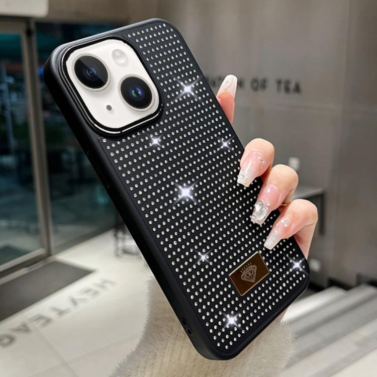 For iPhone 15 Plus Resin Rhinestones Metal Emblem TPU + PC Shockproof Phone Case