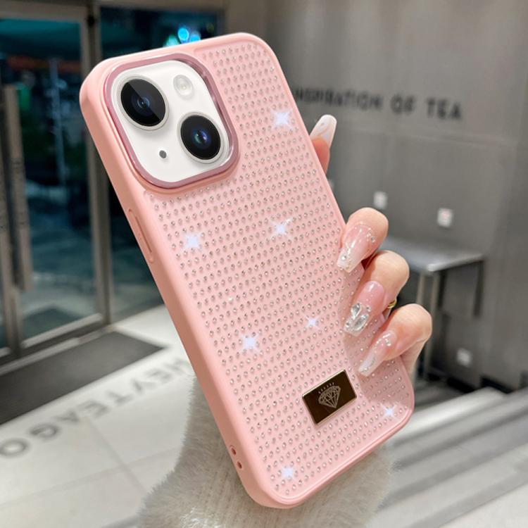 For iPhone 15 Resin Rhinestones Metal Emblem TPU + PC Shockproof Phone Case