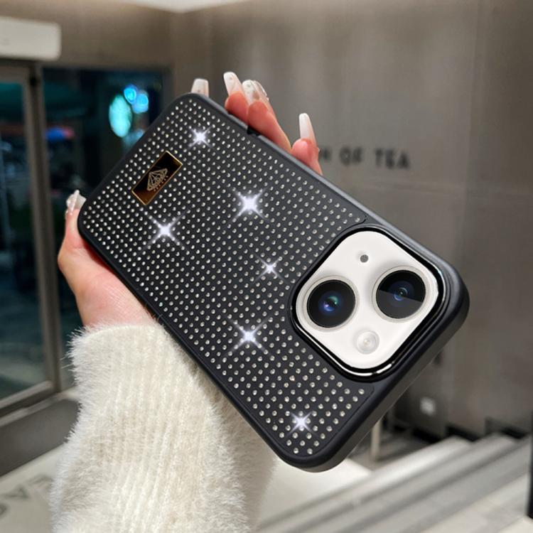 For iPhone 14 Resin Rhinestones Metal Emblem TPU + PC Shockproof Phone Case