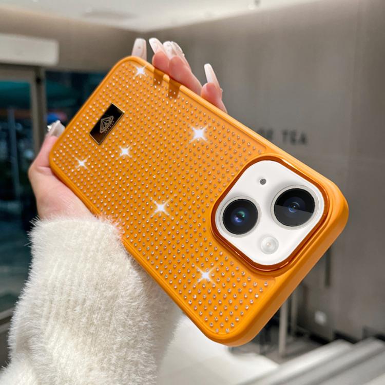 For iPhone 14 Resin Rhinestones Metal Emblem TPU + PC Shockproof Phone Case