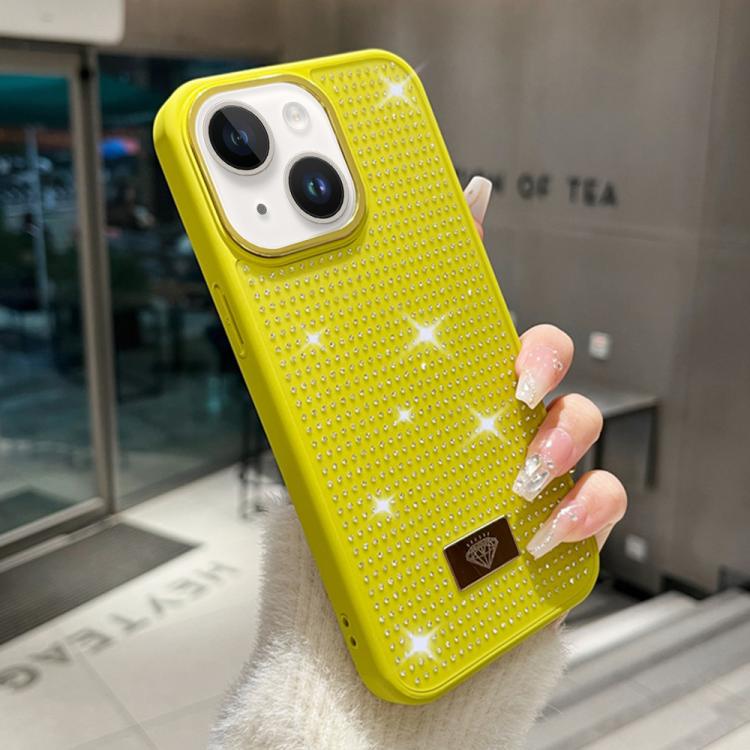 For iPhone 14 Resin Rhinestones Metal Emblem TPU + PC Shockproof Phone Case