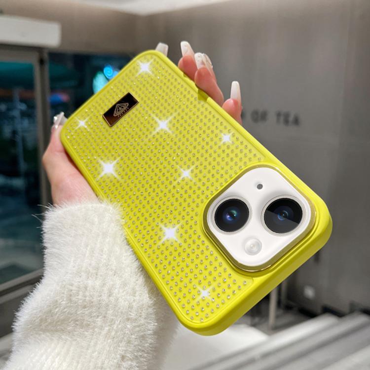 For iPhone 14 Resin Rhinestones Metal Emblem TPU + PC Shockproof Phone Case